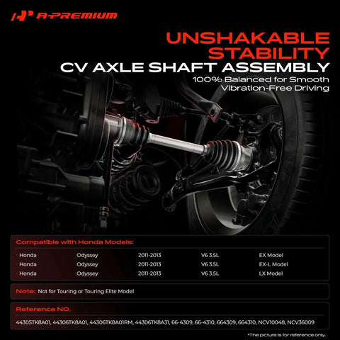 Two Front CV Axle Shafts For Honda Odyssey 2011 2013 3.5L V6 With 5 Speed Automatic Transmission Driver And Passenger Side Axle Shaft Assembly OE Quality Replacement Not For Touring Or Touring Elite Models, close-up view of axle shaft assembly with car wheel