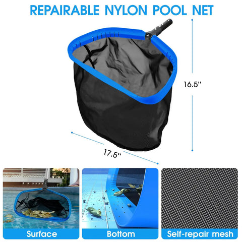 All In One 18 Inch Pool Cleaning Kit With Repairable Net And 18 Inch Round Brush 11 Inch Ultra Fine Mesh Skimmer Chlorine Floater And Handy Scrubber For Easy Debris Cleanup, nylon pool net 17.5x16.5 in