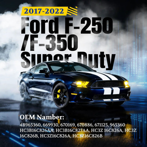 Ford F-250 F-350 Super Duty text with a car, 2017-2022 models, foggy background, Budget Friendly Hood Struts Shocks for 2017 2022 Ford F Series