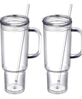 Set of two 40 Oz Clear Double Wall Acrylic Tumblers With Handle And Straw Lid Reusable Water Bottle for road trips.