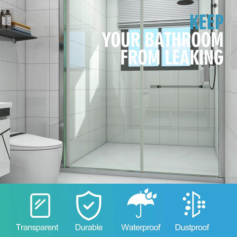 Bathroom with clear shower enclosure featuring clear shower door bottom seal with drip rail for five to six millimeter glass.