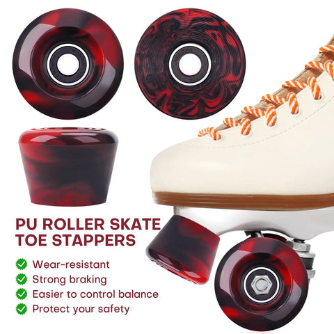 8 Pack 32x58 Quad Roller Skate Wheels with Bearing Installed and 2 Toe Stoppers for Double Row Skating, white skate shown
