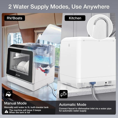 No Sweat Portable Countertop Dishwasher With Slick Wifi App Control, Five Liter Built In Water Tank, two water supply modes in RV and kitchen.