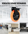 Six Inch Swivel Plate Caster Wheels Set Of Four With AB Locking No Noise PVC Non Marking Wheels For Cart Furniture Workbench Heavy Duty 700 Lbs Per Caster Silent Smooth Rolling Ideal For Heavy Duty Carts And Workbenches In Home Or Shop showcased with bright orange wheel and black mountings, in various environments like workshops and kitchens.