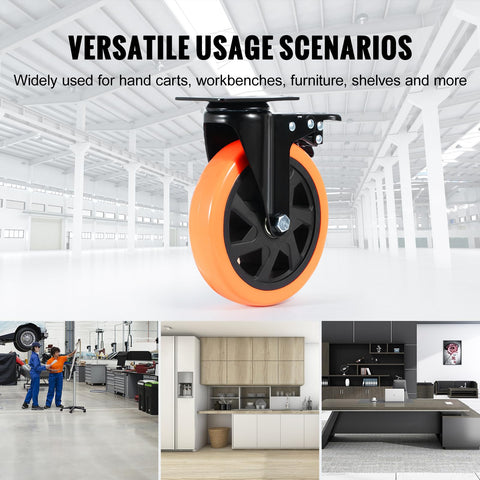 Six Inch Swivel Plate Caster Wheels Set Of Four With AB Locking No Noise PVC Non Marking Wheels For Cart Furniture Workbench Heavy Duty 700 Lbs Per Caster Silent Smooth Rolling Ideal For Heavy Duty Carts And Workbenches In Home Or Shop showcased with bright orange wheel and black mountings, in various environments like workshops and kitchens.