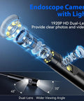 Dual Lens 1920P HD Endoscope Camera With 8 Plus 1 Adjustable LEDs 16.4 Feet SemiRigid Snake Cord IP67 Waterproof Borescope For iPhone Android And More Inspection Tool, dual-lens view