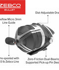Bullet Spincast Reel And Fishing Rod Combo With 6 Foot 6 Inch IM8 Graphite Rod And MaxTac Grip, close-up of spincast reel with features labeled.