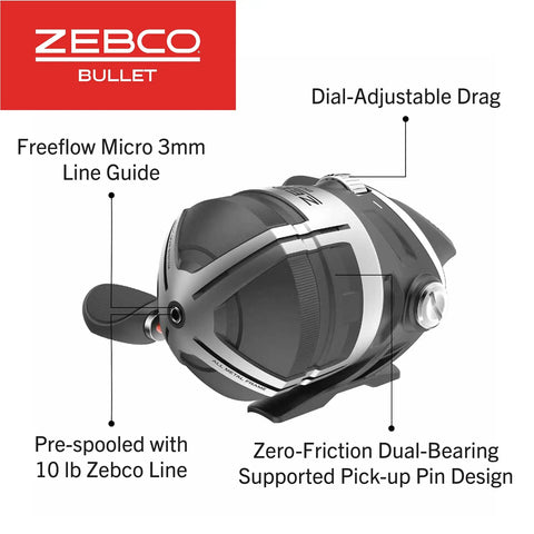 Bullet Spincast Reel And Fishing Rod Combo With 6 Foot 6 Inch IM8 Graphite Rod And MaxTac Grip, close-up of spincast reel with features labeled.