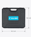 Carrying case for 15 Ton Hydraulic Knockout Punch Set With 10 Slug Dies From 1/2 Inch To 4 Inch, black plastic with dimensions.