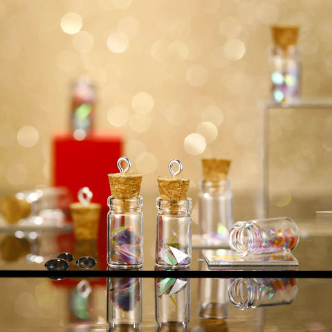 Totally Sweet Mini Glass Bottles With Cork Stoppers And Eye Screws Hella Practical Funnel Kit For Diy Crafts Perfume Sampling Raffle Prizes And Creative Hobby Builds 50 Piece 0.5Ml Pack with cork stoppers and colorful contents.