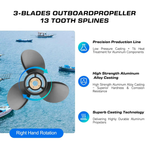 13 Spline Aluminum Outboard Propeller For Mercury Engines 30 To 70HP Right Hand Rotation Fits Three And One Quarter Gearcase Eleven And Five Eighths By Eleven Marine OEM Upgrade Performance Replacement Propeller