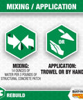 Mixing application instructions for Pro Structural Concrete Repair Patch For Interior And Exterior, Fast Setting Cement Based Filler, 3 lb Gray.