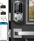 Smart Deadbolt Lock With Dual Lever Handles And Smartphone App Keyless Entry Door Lock Featuring Adjustable Auto Lock Led Status Indicators Premium Satin Nickel Finish on a residential door.