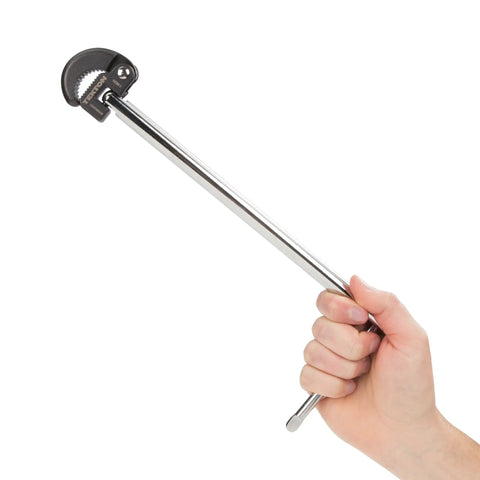 Hand holding 11 Inch Basin Wrench With 180 Degree Pivoting Head For Reaching Tight Nuts On Faucets Valves And Drains Spring Loaded Jaw