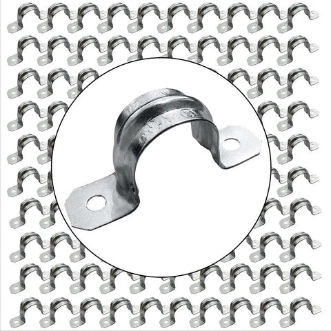 10 Pack Three Quarters Inch EMT Two Hole Conduit Straps Heavy Duty Zinc Plated Steel Pipe Clamps With Reinforced Rib in circle overlay