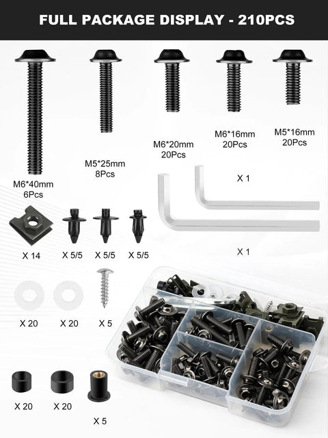 Pro Grade Motorcycle Fairing Bolt Kit Titanium Stainless Steel Universal Sportbike Fasteners M5 M6 Hardware Upgrade 210pcs set.