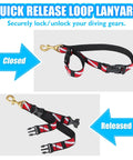 Scuba BC Fin Holder And Mask Clip with Quick Release Loop Lanyard Strap, shown closed and released, red nylon with brass snap.