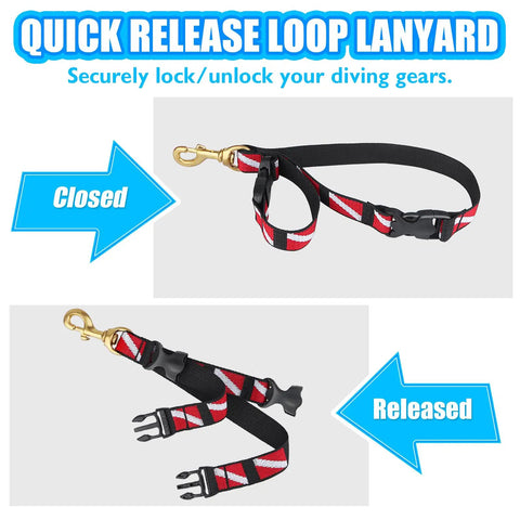 Scuba BC Fin Holder And Mask Clip with Quick Release Loop Lanyard Strap, shown closed and released, red nylon with brass snap.