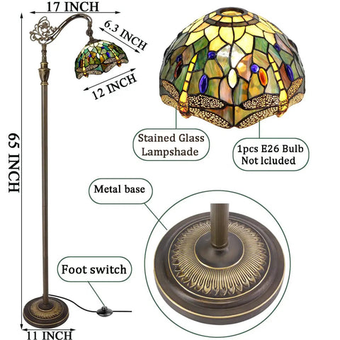 Stained Glass Tiffany Floor Lamp With Amber Dragonfly Shade Arching Gooseneck Adjustable Reading Light 66 Inch Tall Bronze Base UL Certified Foot Switch Cozy Arched Decor Lamp For Living Room And Bedroom