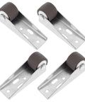 Four Pack Heavy Duty Slide Barn Door Bottom Support Casters Zero Drag Anti Sag Roller Kit with TPE rollers in silver and brown.