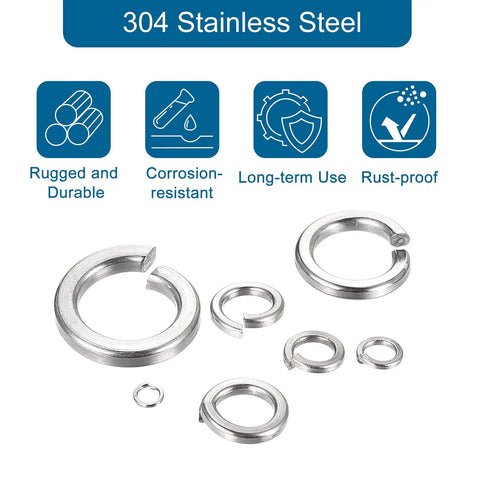 Split Lock Washer Kit In M2 M3 M4 M5 M6 M8 M10 Sizes, 490 Pieces, Stainless Steel 304, Rust Resistant White Finish, Your Go To Hardware Washer Set For Screws And Bolts, assorted split washers