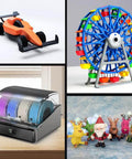 Collage showing CFS Multicolor 3D Printing System with four color modules, a 3D-printed car, Ferris wheel, and holiday figurines.