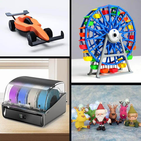 Collage showing CFS Multicolor 3D Printing System with four color modules, a 3D-printed car, Ferris wheel, and holiday figurines.
