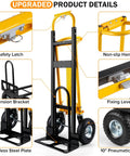 3-in-1 Convertible Hand Truck Dolly Cart With 10-Inch Pneumatic Wheels 1000 lb capacity details including safety latch and handle.