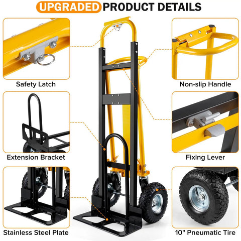 3-in-1 Convertible Hand Truck Dolly Cart With 10-Inch Pneumatic Wheels 1000 lb capacity details including safety latch and handle.
