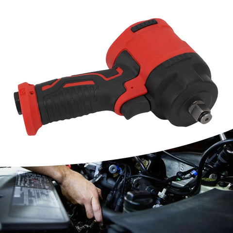 Shop Grade 1/2 Inch Drive Air Impact Wrench With Dead Nut Quiet Exhaust And Ergonomic Handle Lightweight Pneumatic Changer showing ergonomic grip and black-red design.