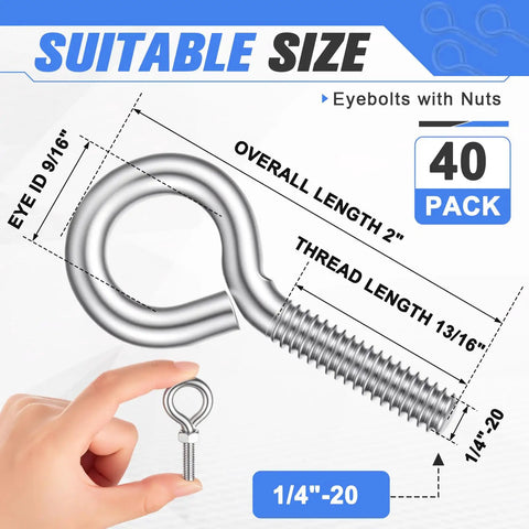 Eye Bolts With Nuts Galvanized Steel For Hanging Cable Routing And Anchoring 1/4-20 Threaded Screws 40 Pack Heavy Duty Hardware For DIY Furniture Garage And Outdoor Projects, 2 in overall length