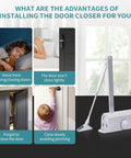 Medium Duty Hydraulic Door Closer For Commercial And Residential Use With Whisper Quiet Soft Close Technology shown with use cases