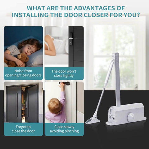 Medium Duty Hydraulic Door Closer For Commercial And Residential Use With Whisper Quiet Soft Close Technology shown with use cases