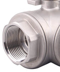 Close-up of 3-Way Ball Valve With T Mounting Pad Stainless Steel 304 Female NPT Ports For Water Oil And Gas, showing threaded port details.