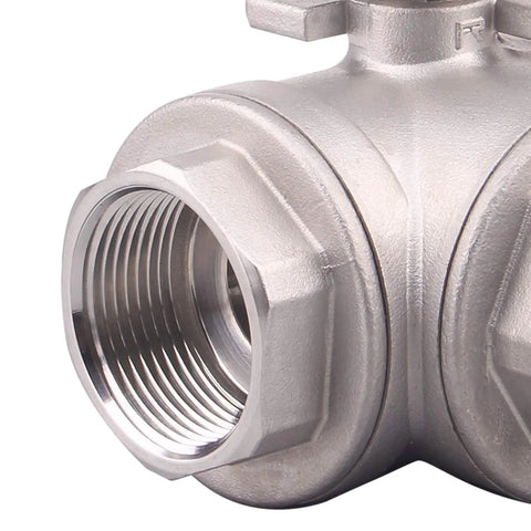 Close-up of 3-Way Ball Valve With T Mounting Pad Stainless Steel 304 Female NPT Ports For Water Oil And Gas, showing threaded port details.