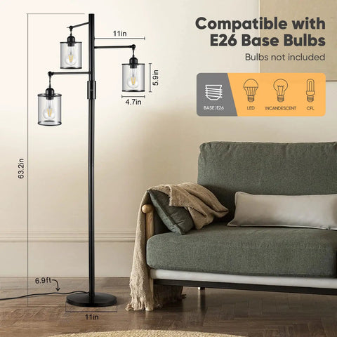 Three Head Tree Style Industrial Floor Lamp With Adjustable Brightness Smart Touch Dimmer Glass Shade Black Standing Living Room Light For Cozy Vibes Now next to sofa