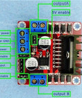 Beefy Dual H-Bridge Motor Drive Controller Board for Arduino with labeled components for input and output connections.