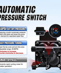 Automatic pressure switch on Beefed Up Heavy Duty 110V Brushless Diaphragm Water Pump Self Priming Four Chamber 6 GPM At 55 PSI.