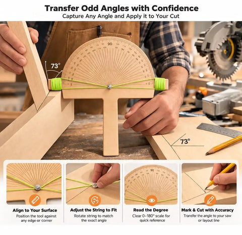 Heavy Duty Angle Finder Ruler And Protractor Tool For No Sweat Woodworking Layouts With Crisp Degree Markings And Secure Pivot Lock For Sweet Cuts On Lumber Or Trim showing 73 degree angle measurement and string adjustment.