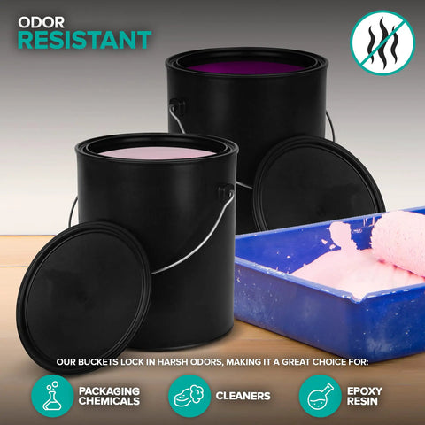 Two black plastic paint buckets showing odor-resistant feature, with pink liquid inside and a blue tray with a paint roller.