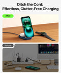 MagSafe 25W Wireless Charger Stand 2-in-1 Dock with Qi2.2 Fast Charge, shown with phone and watch on tidy desk.