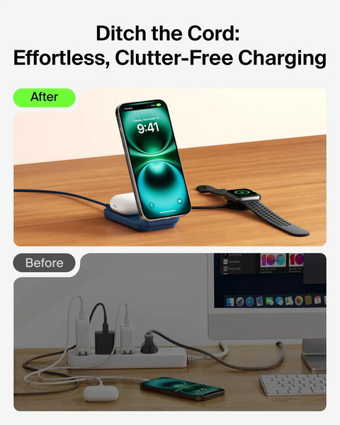MagSafe 25W Wireless Charger Stand 2-in-1 Dock with Qi2.2 Fast Charge, shown with phone and watch on tidy desk.