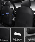 All Black Premium Nappa Leather Front Seat Covers With 3D Foam Waterproof And Breathable Lumbar Support Airbag Compatible Universal Fit shown with full coverage, back storage pocket, and adjustable headrest.