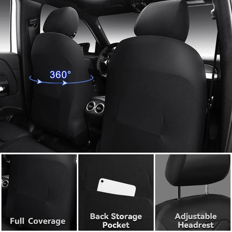 All Black Premium Nappa Leather Front Seat Covers With 3D Foam Waterproof And Breathable Lumbar Support Airbag Compatible Universal Fit shown with full coverage, back storage pocket, and adjustable headrest.