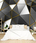 Bangin Black And Gold Geometry Wallpaper For Bedroom And Living Room Grey Murals Modern Office Decor Large Wall Mural 183 By 120 Inches Not Peel And Stick Requires Thick Wallpaper Adhesive behind bed with white bedding