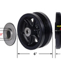 Rock Solid Reinforced 6X2 Inch V Groove Wheel Cast Iron Roller With Pre Installed Bearing Set Of 2 For Slide Gates Rollup Door Seven Eighth Inch Groove V Track 2000 Lb Capacity Black Pack with measurements shown.