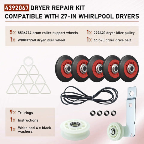 Beefed Up Five Wheel Dryer Repair Kit 4392067 with WPW10314173, showing rollers, belt, idler pulley for Whirlpool dryers.