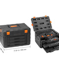 Open and closed All In One Mechanic Tool Set with 1/4, 3/8, 1/2 inch drive sockets, 450-piece SAE and metric kit in storage case.