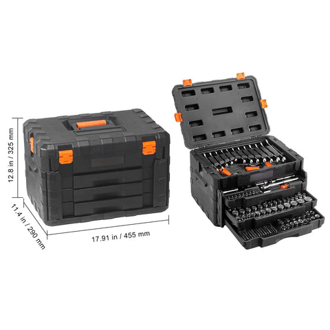 Open and closed All In One Mechanic Tool Set with 1/4, 3/8, 1/2 inch drive sockets, 450-piece SAE and metric kit in storage case.