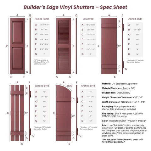 Builder's Edge Vinyl Shutters spec sheet detailing sizes, styles, and materials for exterior use.